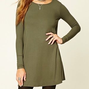 Forever 21 Olive Ribbed Long Sleeve Swing Dress